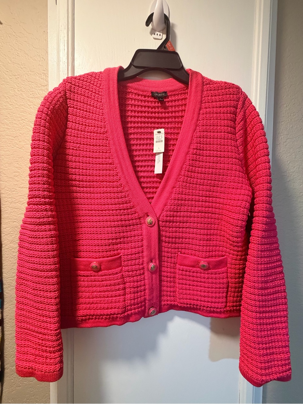 NWT TALBOTS  Ribbed V-Neck Cardigan Sweater in Hot Pink - Picture 2 of 8